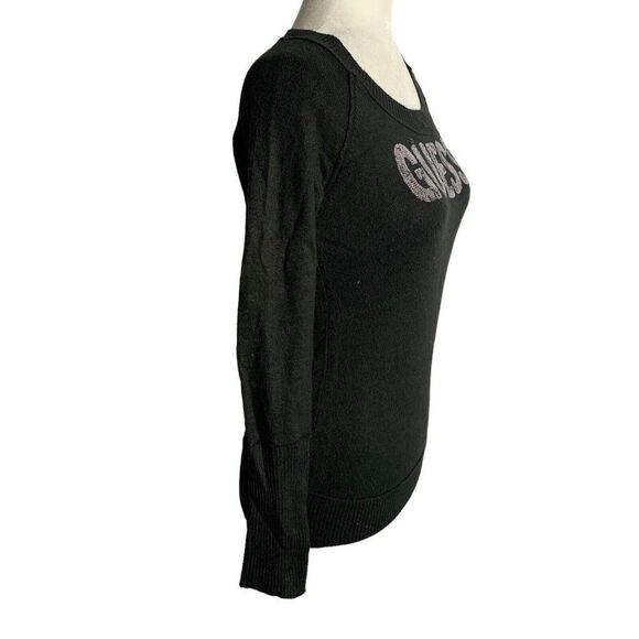Vintage Guess Sequin Spell Out Sweater L Black Pullover Scoop Neck Ribbed Trim - Picture 5 of 6